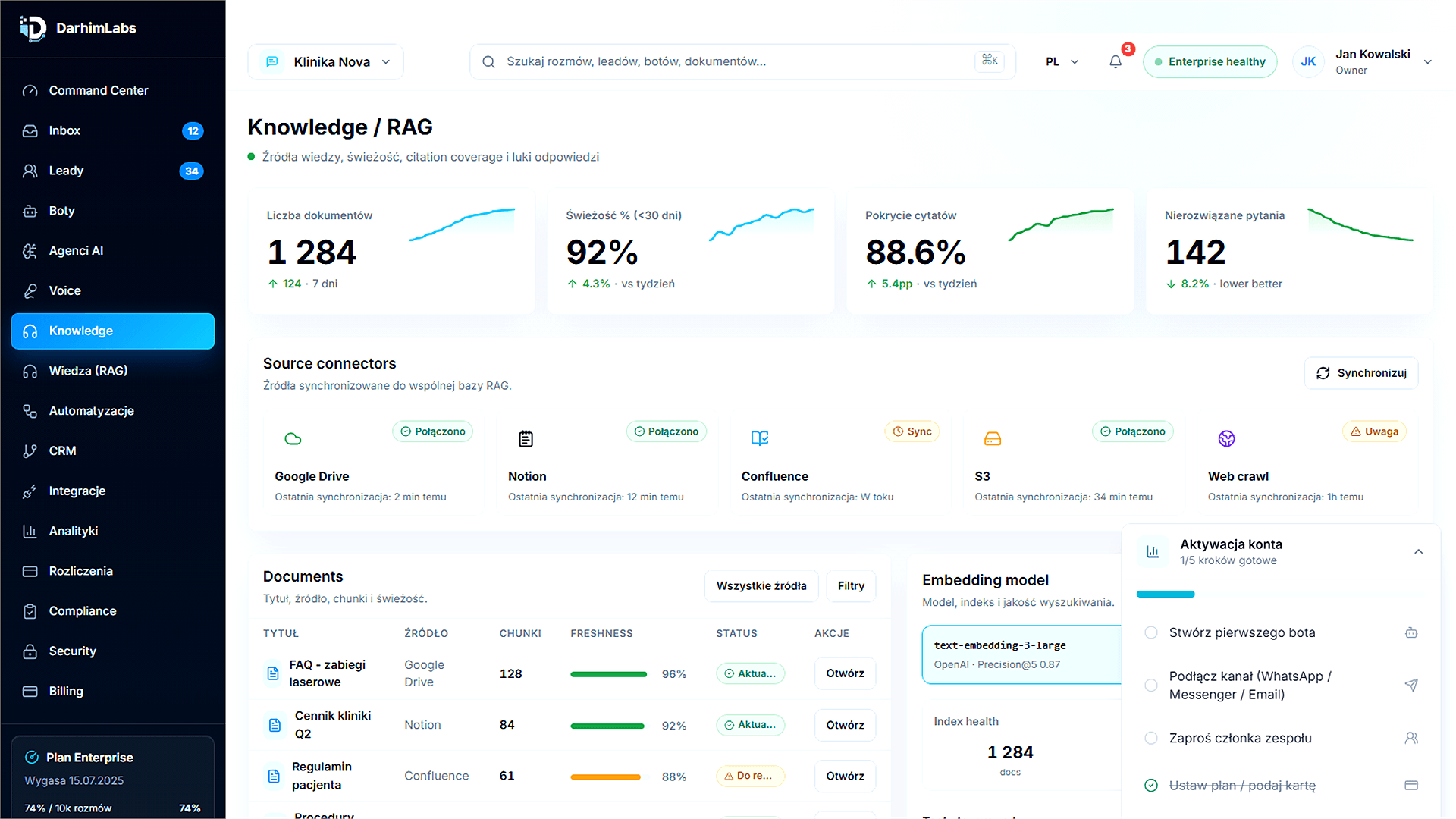 Wyostrzony widok DarhimLabs Knowledge RAG ze zrodlami wiedzy, dokumentami i onboardingiem